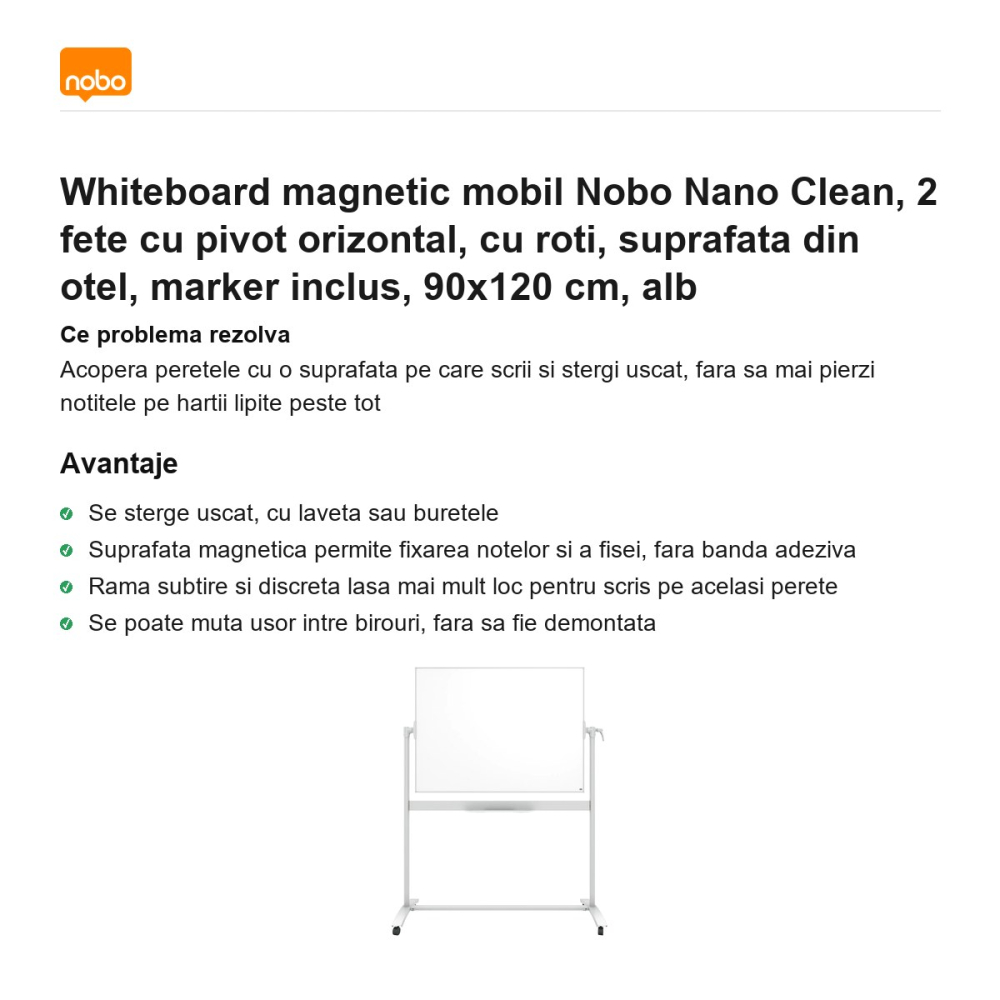 Whiteboard magnetic mobil Nobo Nano Clean, 2 fete cu pivot orizontal, cu roti, suprafata din otel, marker inclus, 90x120 cm, alb [2]