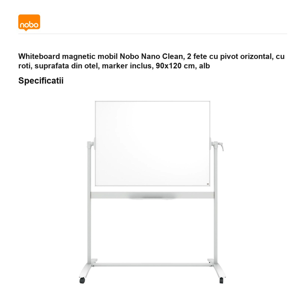 Whiteboard magnetic mobil Nobo Nano Clean, 2 fete cu pivot orizontal, cu roti, suprafata din otel, marker inclus, 90x120 cm, alb [3]