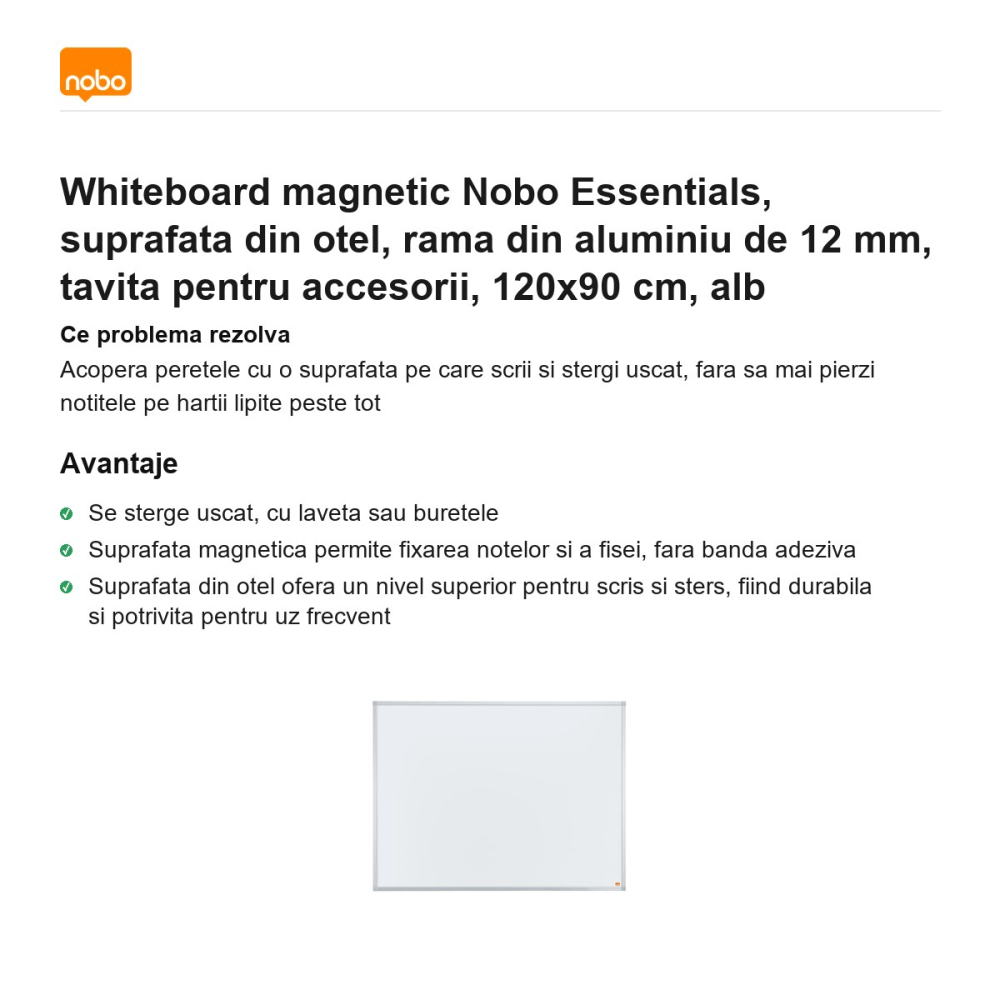 Whiteboard magnetic Nobo Essentials, suprafata din otel, rama din aluminiu de 12 mm, tavita pentru accesorii, 120x90 cm, alb [2]