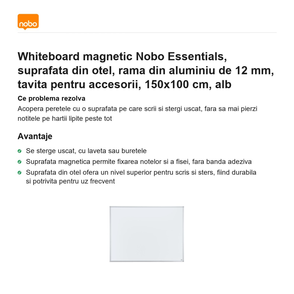 Whiteboard magnetic Nobo Essentials, suprafata din otel, rama din aluminiu de 12 mm, tavita pentru accesorii, 150x100 cm, alb [2]