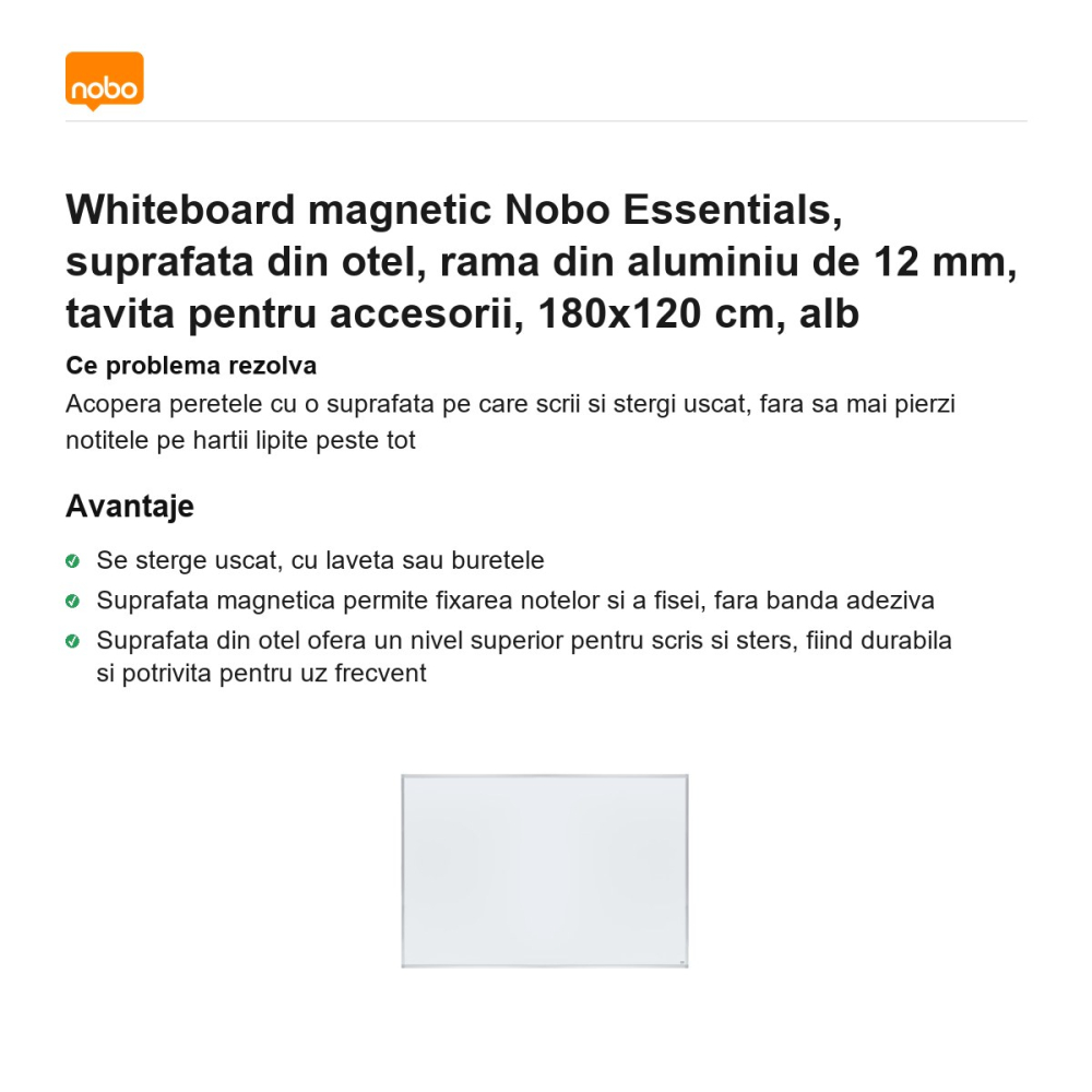 Whiteboard magnetic Nobo Essentials, suprafata din otel, rama din aluminiu de 12 mm, tavita pentru accesorii, 180x120 cm, alb [2]