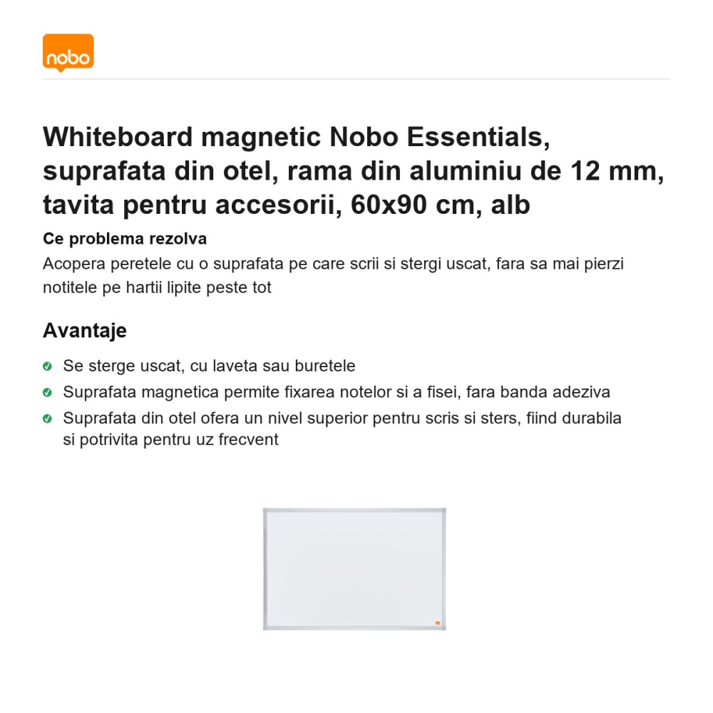 Whiteboard magnetic Nobo Essentials, suprafata din otel, rama din aluminiu de 12 mm, tavita pentru accesorii, 60x90 cm, alb [2]