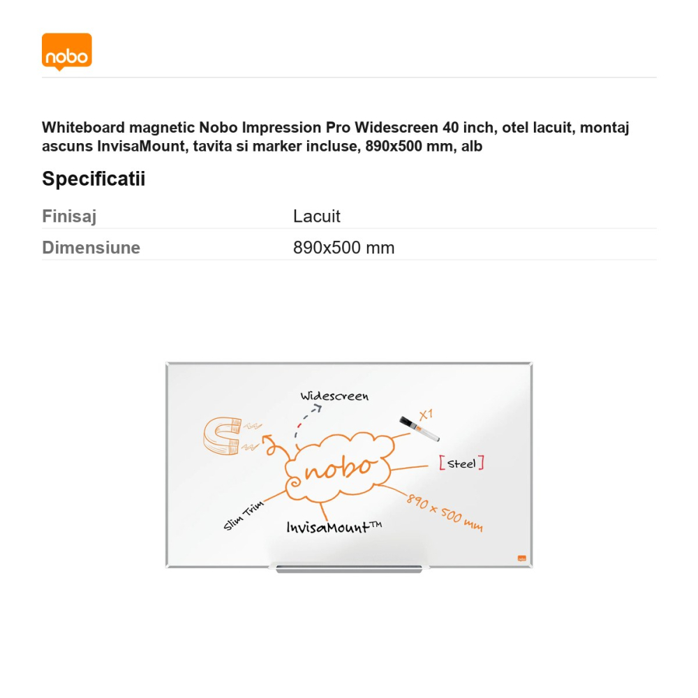 Whiteboard magnetic Nobo Impression Pro Widescreen 40 inch, otel lacuit, montaj ascuns InvisaMount, tavita si marker incluse, 890x500 mm, alb [3]