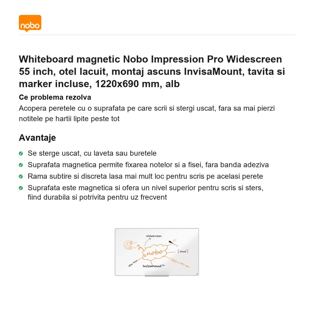 Whiteboard magnetic Nobo Impression Pro Widescreen 55 inch, otel lacuit, montaj ascuns InvisaMount, tavita si marker incluse, 1220x690 mm, alb [2]