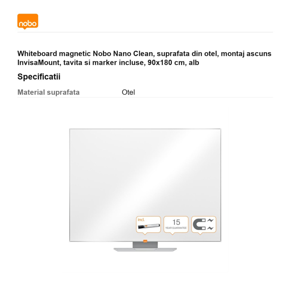 Whiteboard magnetic Nobo Nano Clean, suprafata din otel, montaj ascuns InvisaMount, tavita si marker incluse, 90x180 cm, alb [3]
