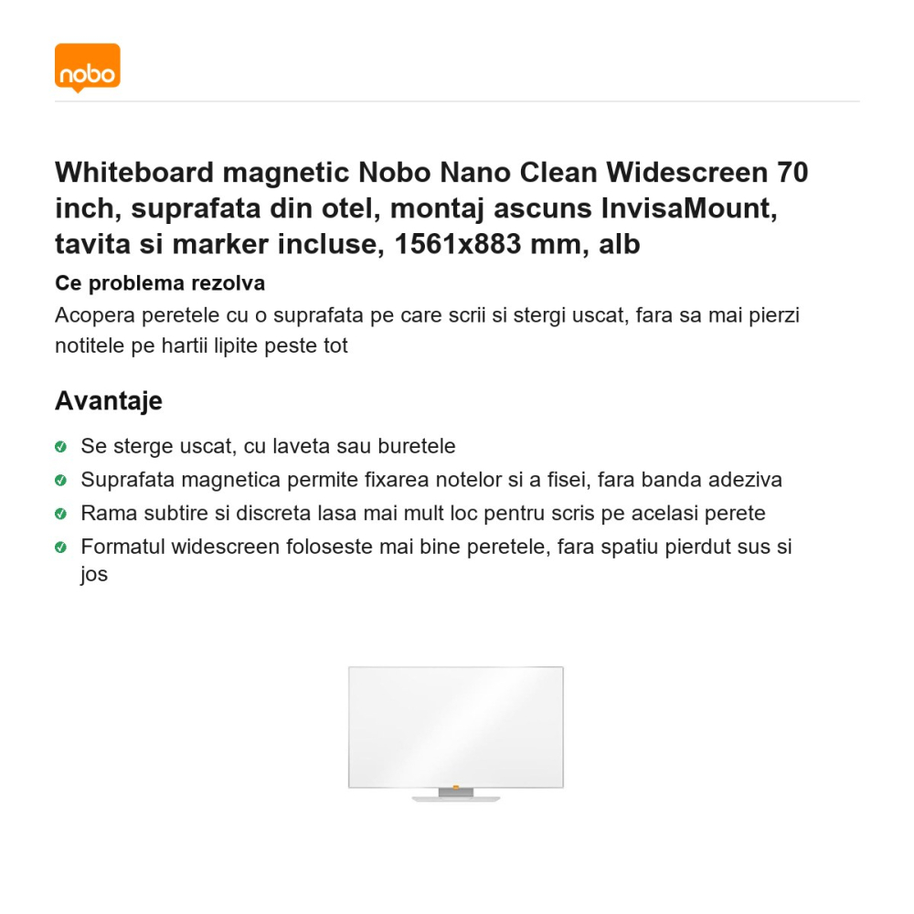 Whiteboard magnetic Nobo Nano Clean Widescreen 70 inch, suprafata din otel, montaj ascuns InvisaMount, tavita si marker incluse, 1561x883 mm, alb [2]