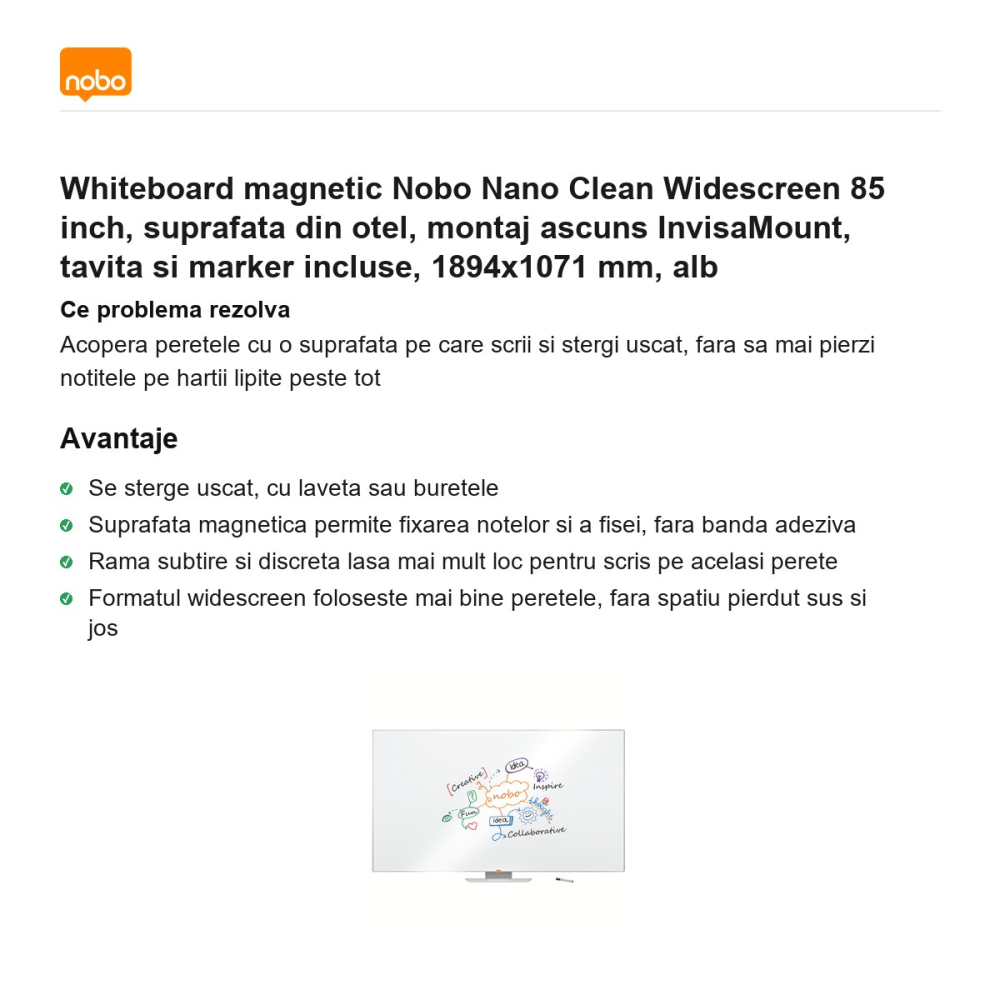 Whiteboard magnetic Nobo Nano Clean Widescreen 85 inch, suprafata din otel, montaj ascuns InvisaMount, tavita si marker incluse, 1894x1071 mm, alb [2]