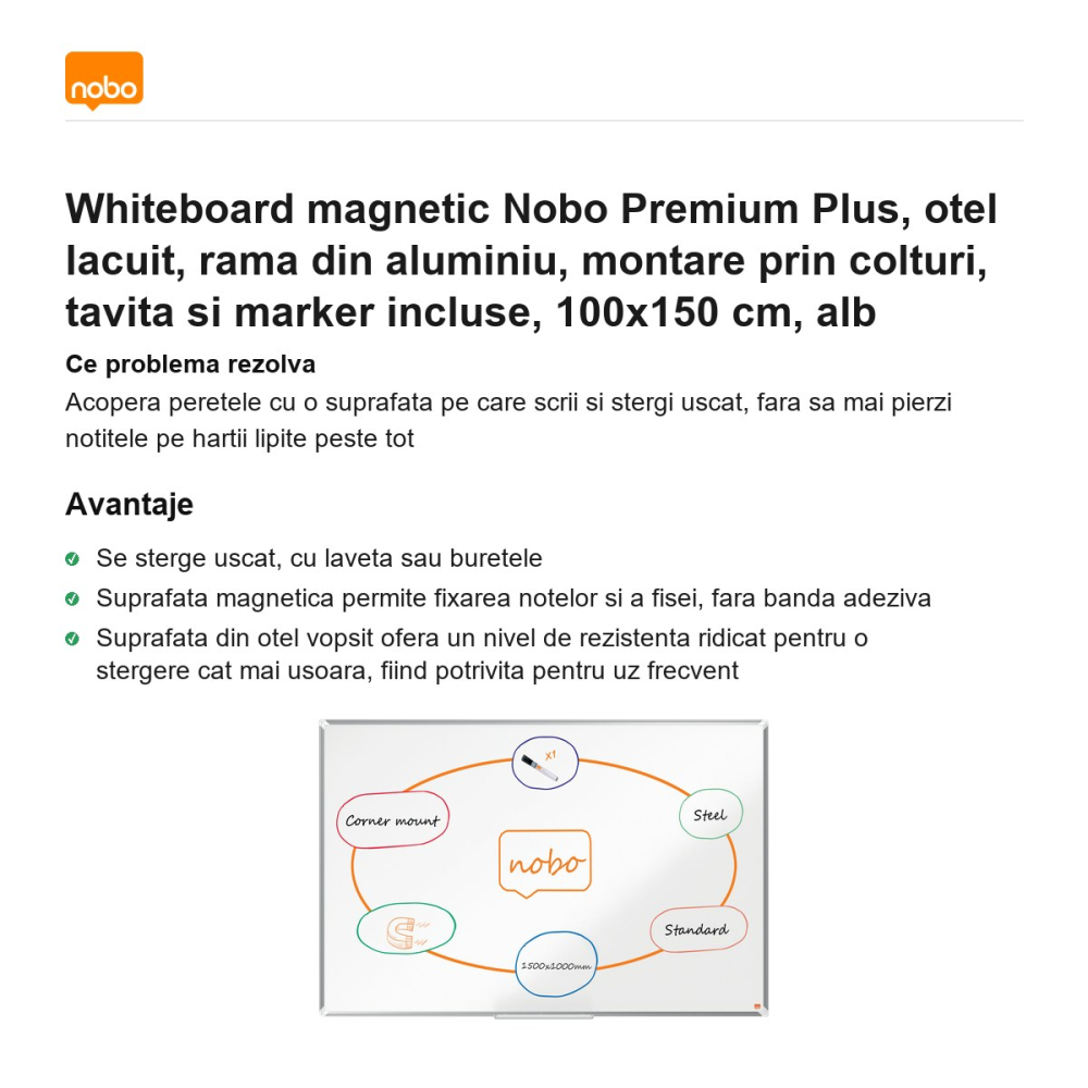 Whiteboard magnetic Nobo Premium Plus, otel lacuit, rama din aluminiu, montare prin colturi, tavita si marker incluse, 100x150 cm, alb [2]