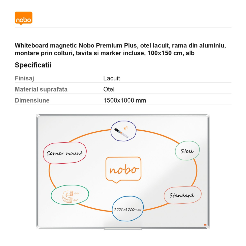 Whiteboard magnetic Nobo Premium Plus, otel lacuit, rama din aluminiu, montare prin colturi, tavita si marker incluse, 100x150 cm, alb [3]