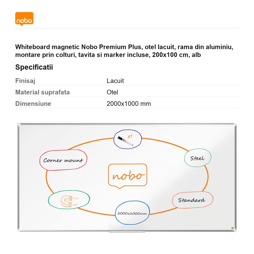 Whiteboard magnetic Nobo Premium Plus, otel lacuit, rama din aluminiu, montare prin colturi, tavita si marker incluse, 200x100 cm, alb [3]