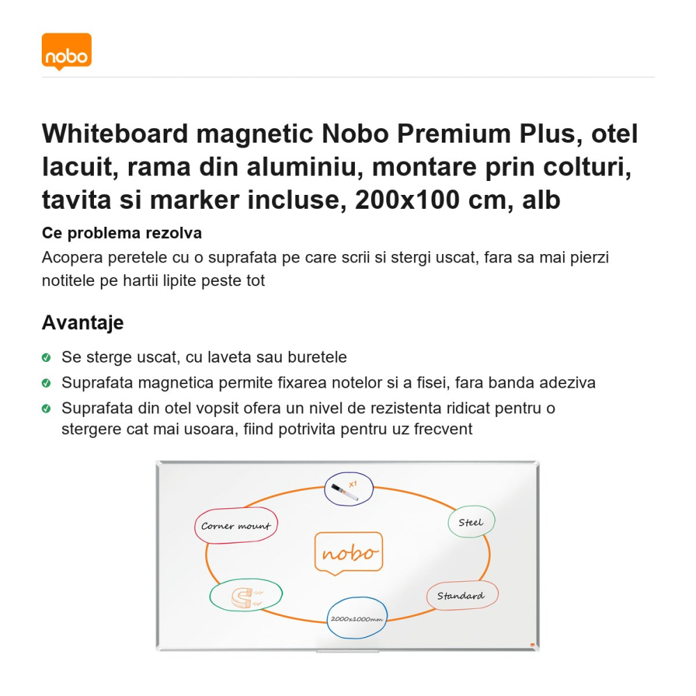 Whiteboard magnetic Nobo Premium Plus, otel lacuit, rama din aluminiu, montare prin colturi, tavita si marker incluse, 200x100 cm, alb [2]