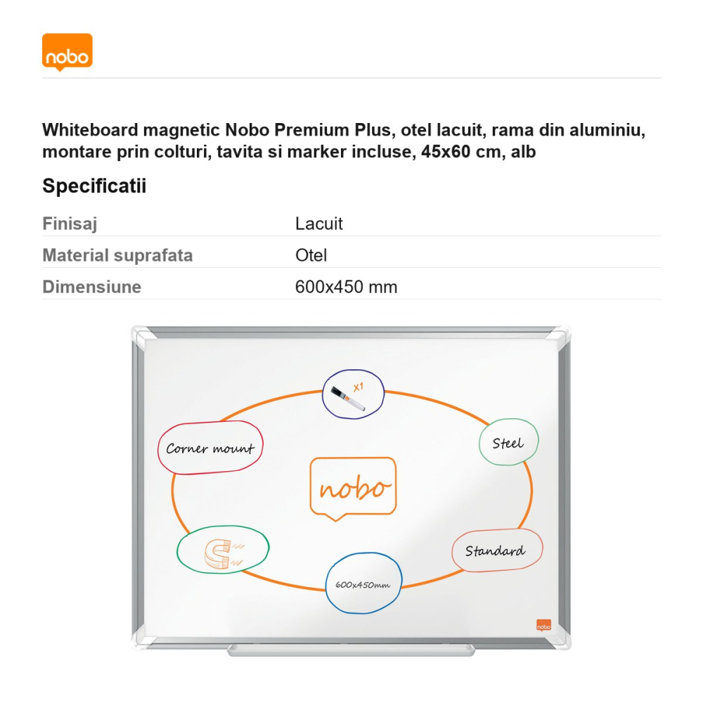 Whiteboard magnetic Nobo Premium Plus, otel lacuit, rama din aluminiu, montare prin colturi, tavita si marker incluse, 45x60 cm, alb [3]