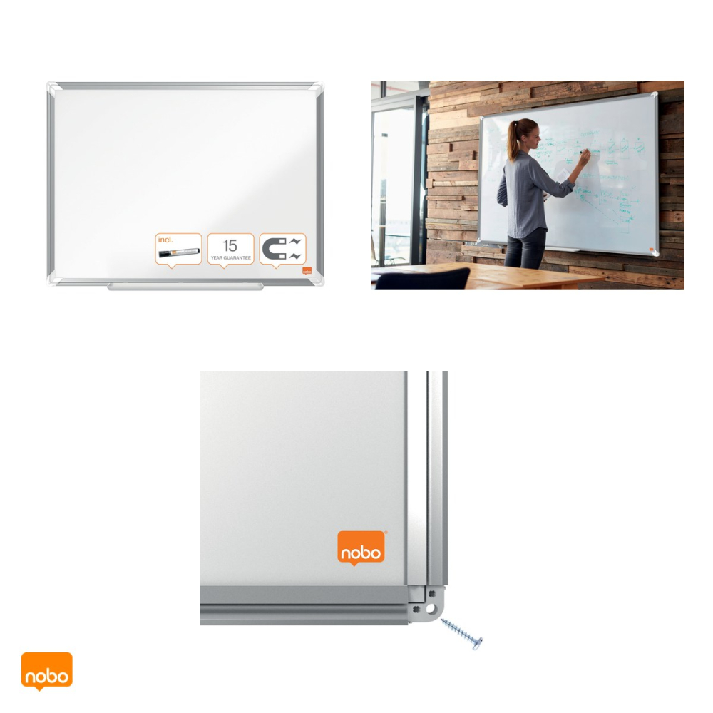 Whiteboard magnetic Nobo Premium Plus, otel lacuit, rama din aluminiu, montare prin colturi, tavita si marker incluse, 45x60 cm, alb [4]