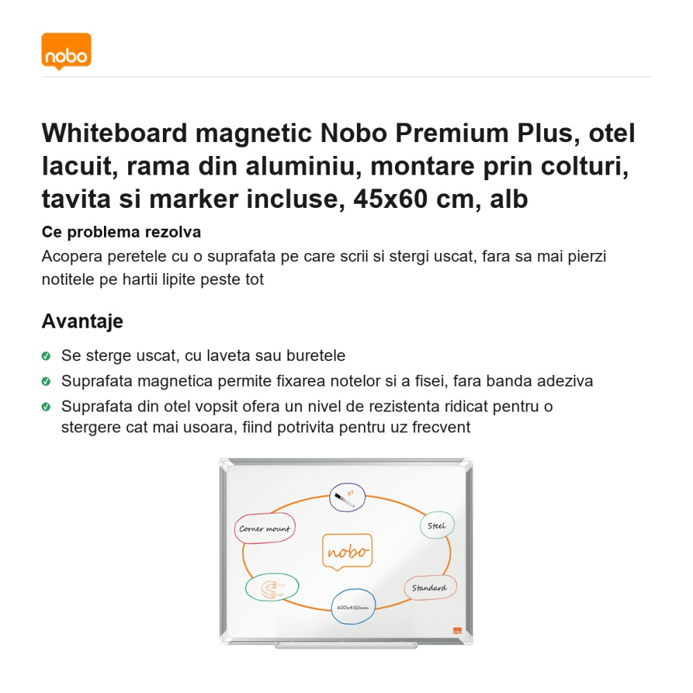 Whiteboard magnetic Nobo Premium Plus, otel lacuit, rama din aluminiu, montare prin colturi, tavita si marker incluse, 45x60 cm, alb [2]
