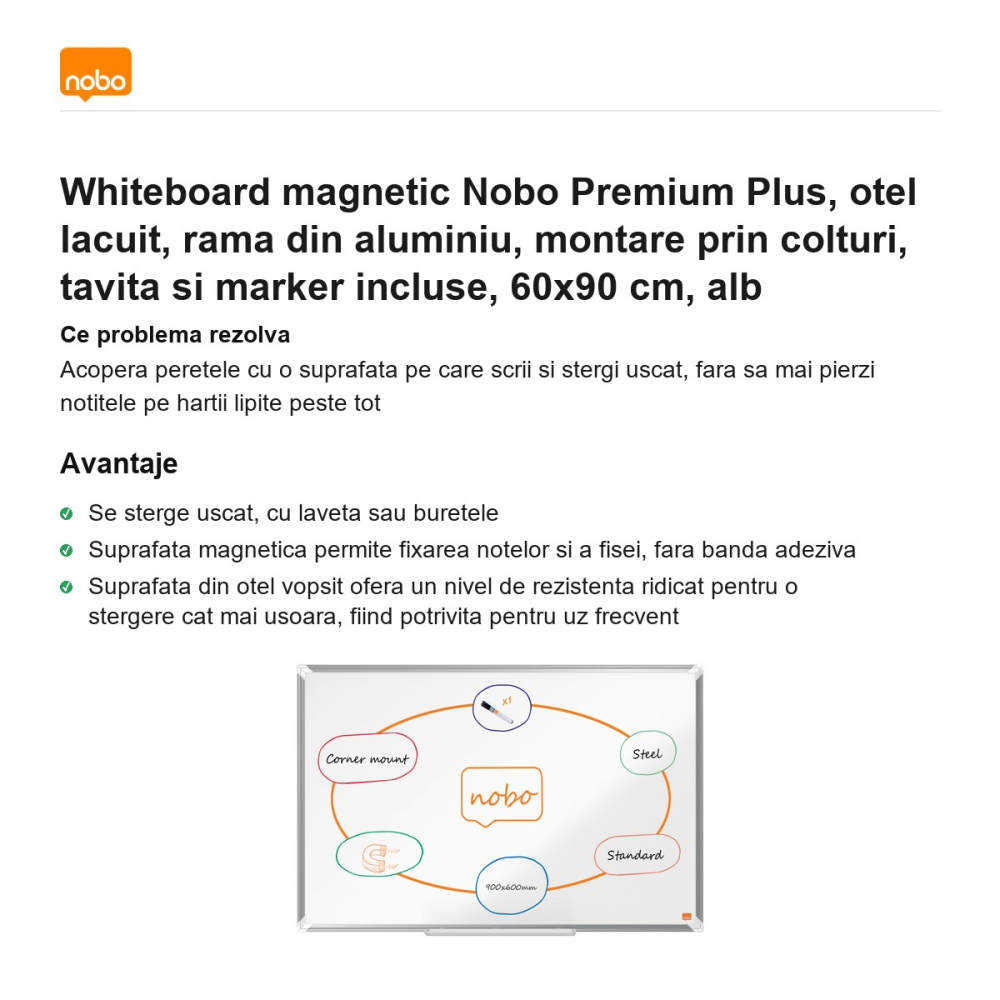 Whiteboard magnetic Nobo Premium Plus, otel lacuit, rama din aluminiu, montare prin colturi, tavita si marker incluse, 60x90 cm, alb [2]