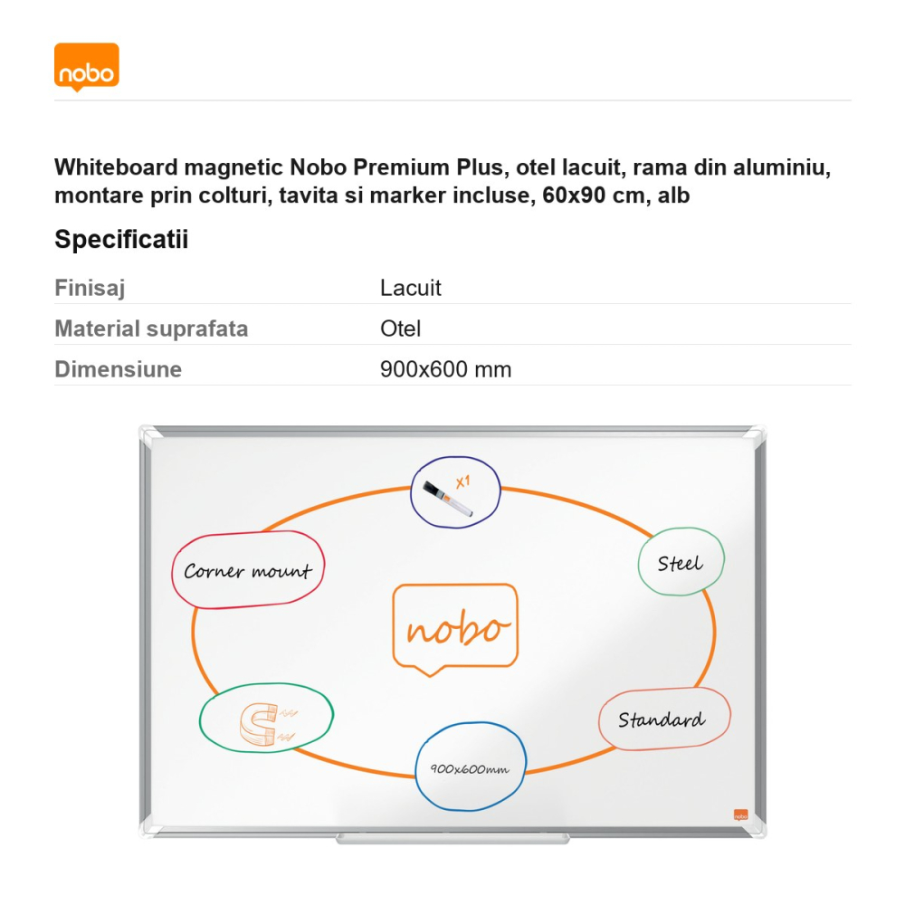 Whiteboard magnetic Nobo Premium Plus, otel lacuit, rama din aluminiu, montare prin colturi, tavita si marker incluse, 60x90 cm, alb [3]