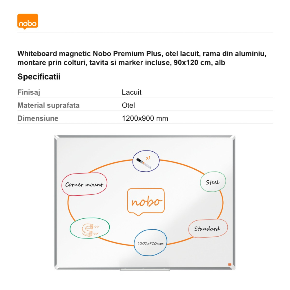 Whiteboard magnetic Nobo Premium Plus, otel lacuit, rama din aluminiu, montare prin colturi, tavita si marker incluse, 90x120 cm, alb [3]