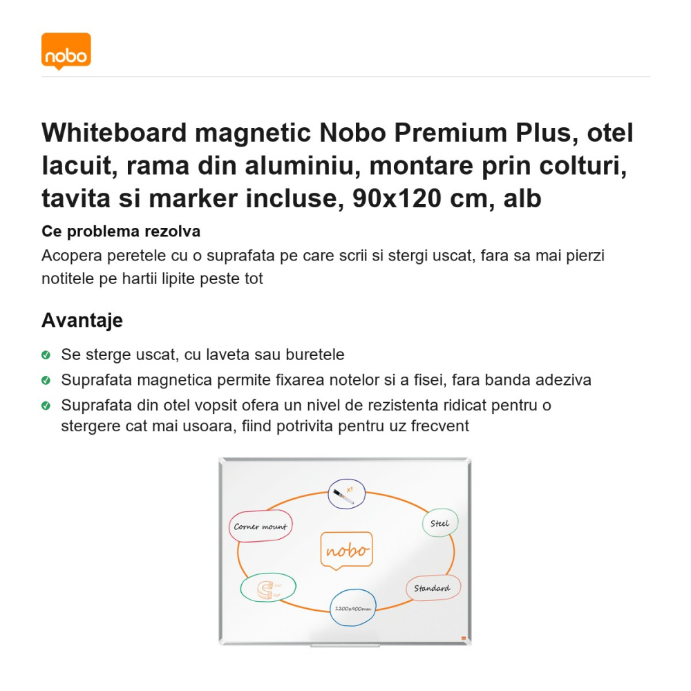 Whiteboard magnetic Nobo Premium Plus, otel lacuit, rama din aluminiu, montare prin colturi, tavita si marker incluse, 90x120 cm, alb [2]