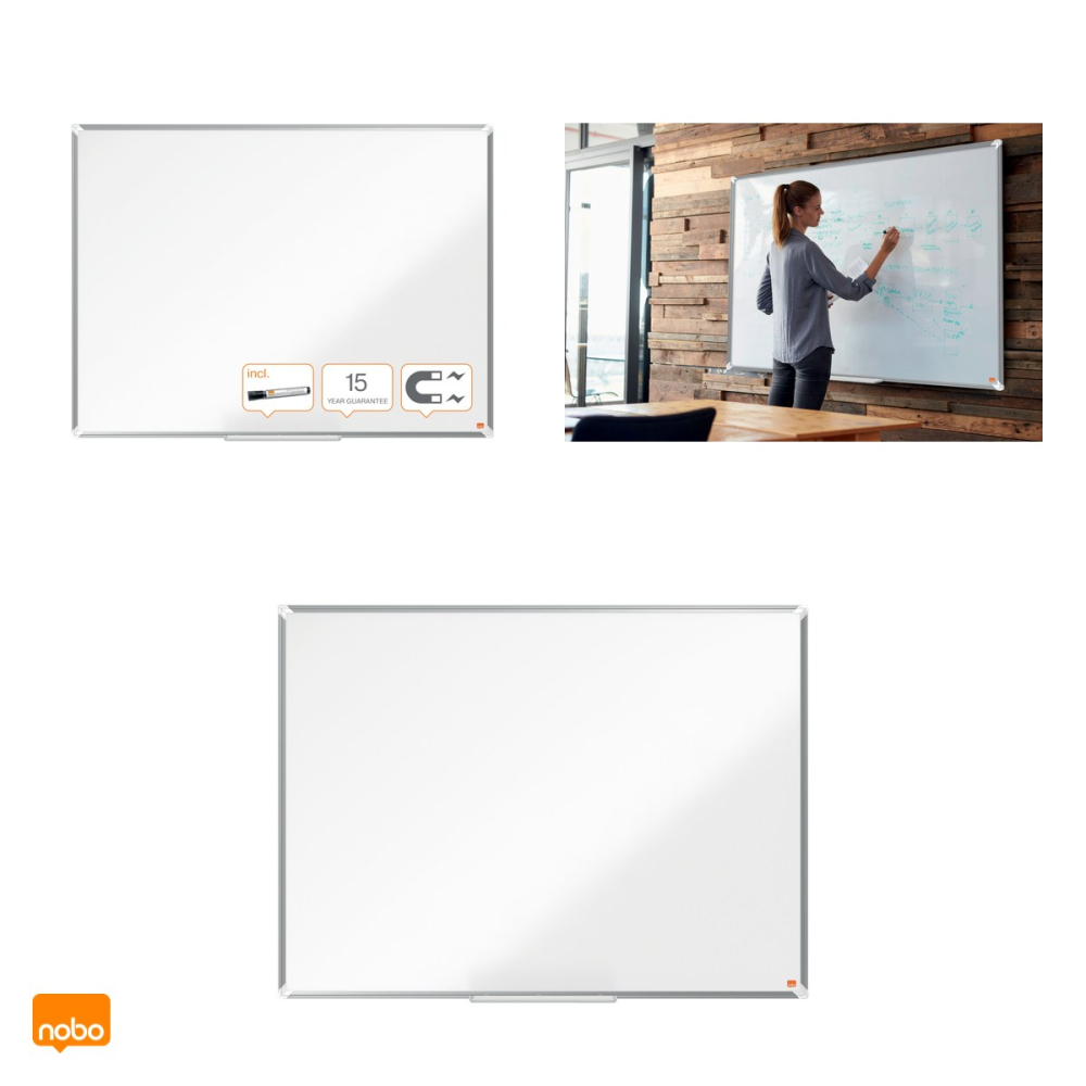 Whiteboard magnetic Nobo Premium Plus, otel lacuit, rama din aluminiu, montare prin colturi, tavita si marker incluse, 90x120 cm, alb [4]