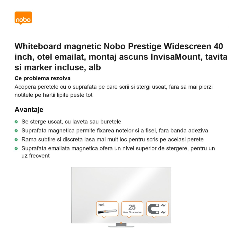 Whiteboard magnetic Nobo Prestige Widescreen 40 inch, otel emailat, montaj ascuns InvisaMount, tavita si marker incluse, alb [2]