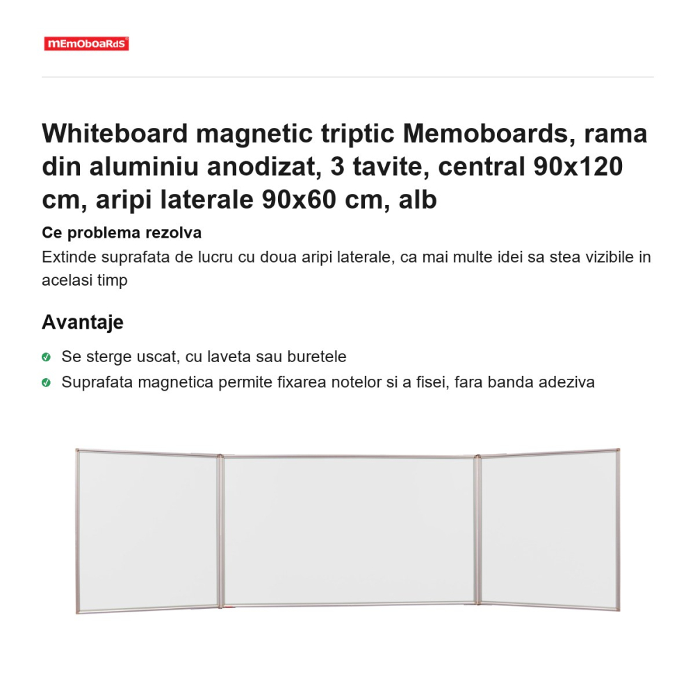 Whiteboard magnetic triptic Memoboards, rama din aluminiu anodizat, 3 tavite, central 90x120 cm, aripi laterale 90x60 cm, alb [2]