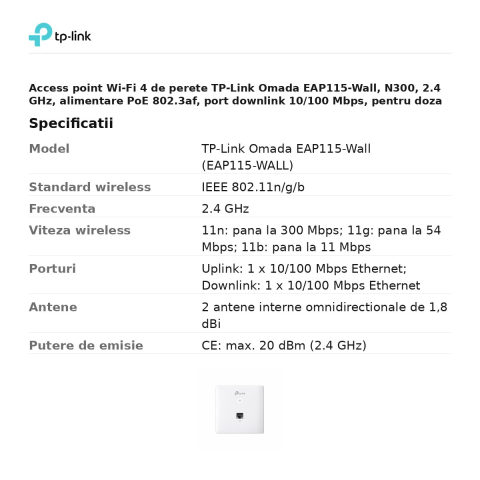 Access point Wi-Fi 4 de perete TP-Link Omada EAP115-Wall, N300, 2.4 GHz, alimentare PoE 802.3af, port downlink 10/100 Mbps, pentru doza de 86 mm, EAP115-WALL [2]