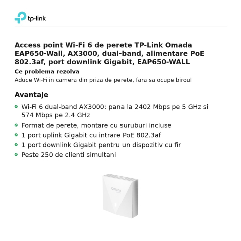 Access point Wi-Fi 6 de perete TP-Link Omada EAP650-Wall, AX3000, dual-band, alimentare PoE 802.3af, port downlink Gigabit, EAP650-WALL [1]