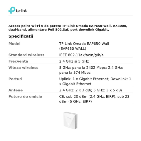 Access point Wi-Fi 6 de perete TP-Link Omada EAP650-Wall, AX3000, dual-band, alimentare PoE 802.3af, port downlink Gigabit, EAP650-WALL [2]