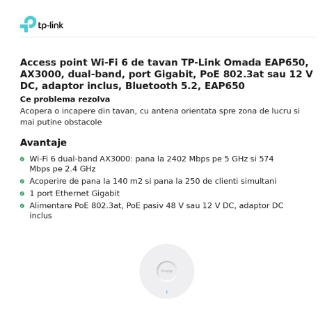 Access point Wi-Fi 6 de tavan TP-Link Omada EAP650, AX3000, dual-band, port Gigabit, PoE 802.3at sau 12 V DC, adaptor inclus, Bluetooth 5.2, EAP650 [1]