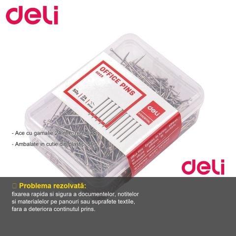 Ace cu gamalie nichelate Deli, 24 mm, cutie plastic 50g, pentru uz birou si activitati creative [1]