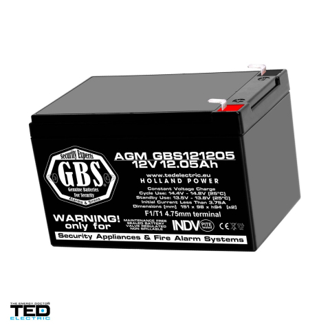 Acumulator AGM VRLA TED Electric GBS121205, 12 V, 12,05 Ah, borne F1, 151 x 98 x 94 mm, pentru sisteme de securitate [0]