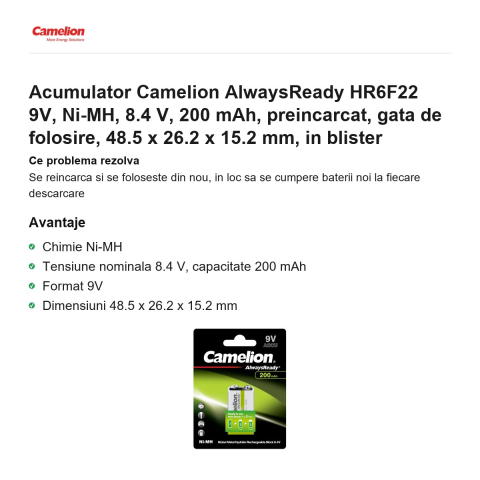 Acumulator Camelion AlwaysReady HR6F22 9V, Ni-MH, 8.4 V, 200 mAh, preincarcat, gata de folosire, 48.5 x 26.2 x 15.2 mm, in blister [1]
