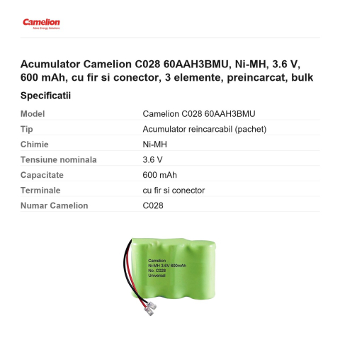 Acumulator Camelion C028 60AAH3BMU, Ni-MH, 3.6 V, 600 mAh, cu fir si conector, 3 elemente, preincarcat, bulk [2]
