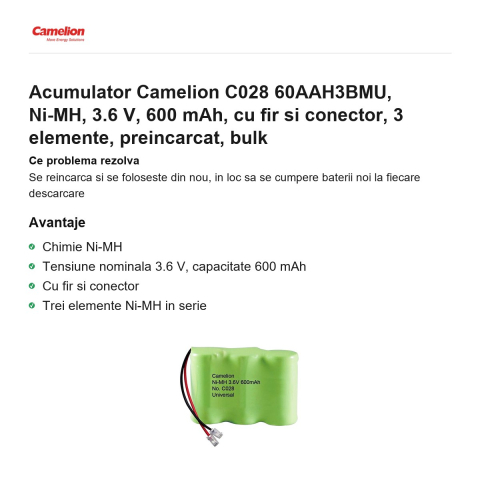 Acumulator Camelion C028 60AAH3BMU, Ni-MH, 3.6 V, 600 mAh, cu fir si conector, 3 elemente, preincarcat, bulk [1]