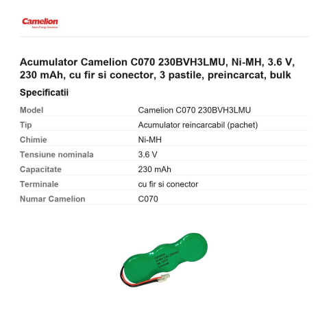 Acumulator Camelion C070 230BVH3LMU, Ni-MH, 3.6 V, 230 mAh, cu fir si conector, 3 pastile, preincarcat, bulk [2]