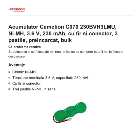 Acumulator Camelion C070 230BVH3LMU, Ni-MH, 3.6 V, 230 mAh, cu fir si conector, 3 pastile, preincarcat, bulk [1]