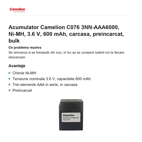 Acumulator Camelion C076 3NN-AAA6000, Ni-MH, 3.6 V, 600 mAh, carcasa, preincarcat, bulk [1]