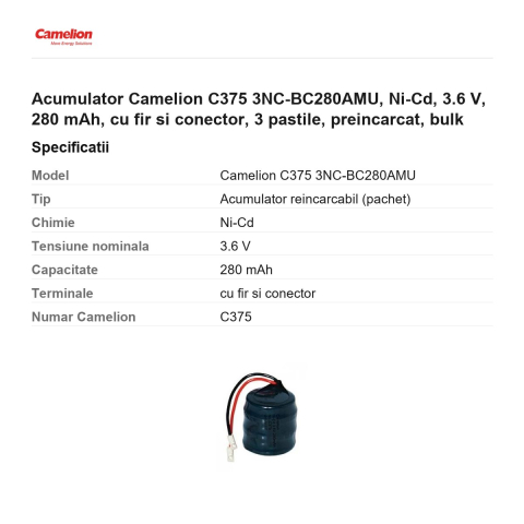 Acumulator Camelion C375 3NC-BC280AMU, Ni-Cd, 3.6 V, 280 mAh, cu fir si conector, 3 pastile, preincarcat, bulk [2]