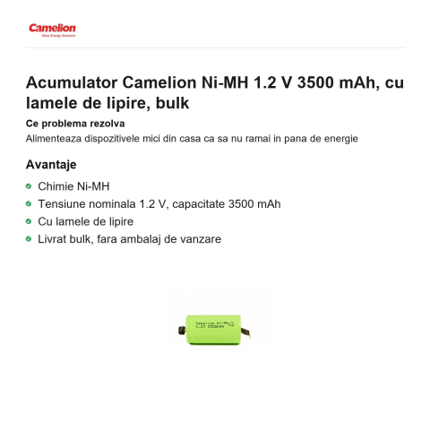 Acumulator Camelion Ni-MH 1.2 V 3500 mAh, cu lamele de lipire, bulk [1]