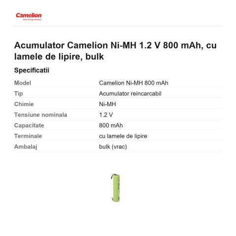 Acumulator Camelion Ni-MH 1.2 V 800 mAh, cu lamele de lipire, bulk [2]