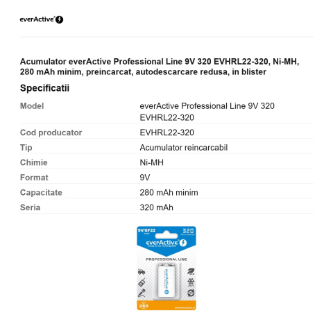 Acumulator everActive Professional Line 9V 320 EVHRL22-320, Ni-MH, 280 mAh minim, preincarcat, autodescarcare redusa, in blister [2]