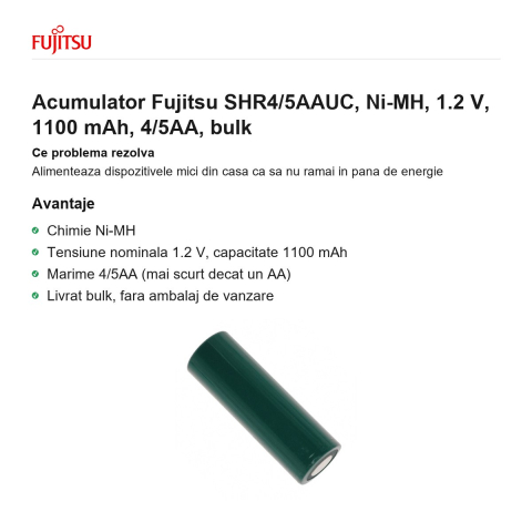 Acumulator Fujitsu SHR4/5AAUC, Ni-MH, 1.2 V, 1100 mAh, 4/5AA, bulk [1]
