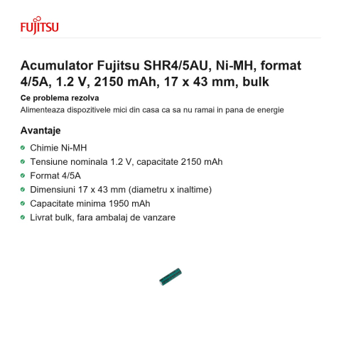 Acumulator Fujitsu SHR4/5AU, Ni-MH, format 4/5A, 1.2 V, 2150 mAh, 17 x 43 mm, bulk [1]