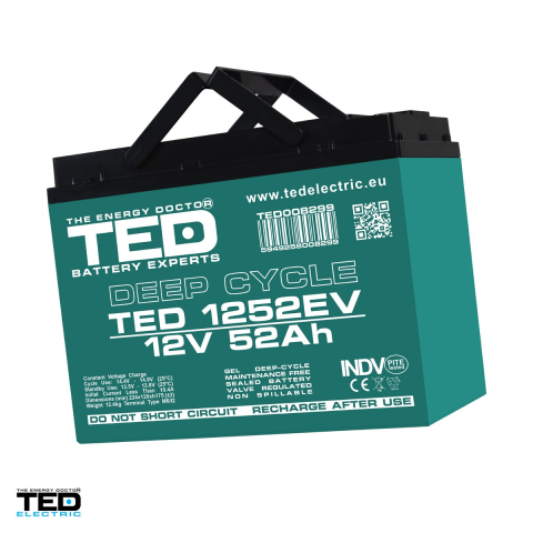 Acumulator GEL VRLA deep cycle TED Electric TEDEV1252, 12 V, 52 Ah, pentru vehicule electrice, 224 x 120 x 175 mm, borne M6, TED008299 [0]