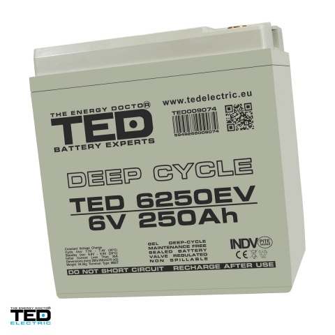 Acumulator GEL VRLA deep cycle TED Electric TEDEV6250, 6 V, 250 Ah, pentru vehicule electrice, 260 x 180 x 270 mm, borne M8, TED009074 [0]