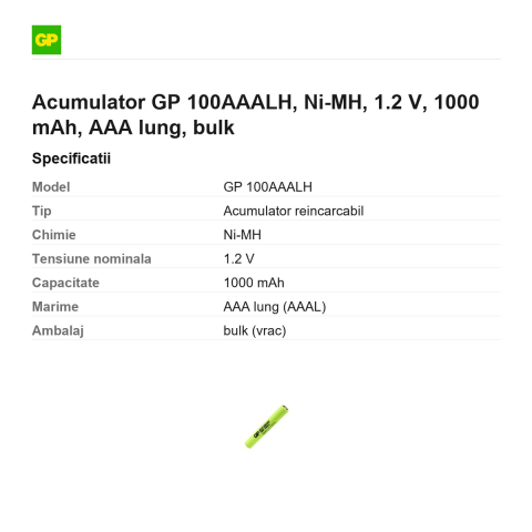 Acumulator GP 100AAALH, Ni-MH, 1.2 V, 1000 mAh, AAA lung, bulk [2]
