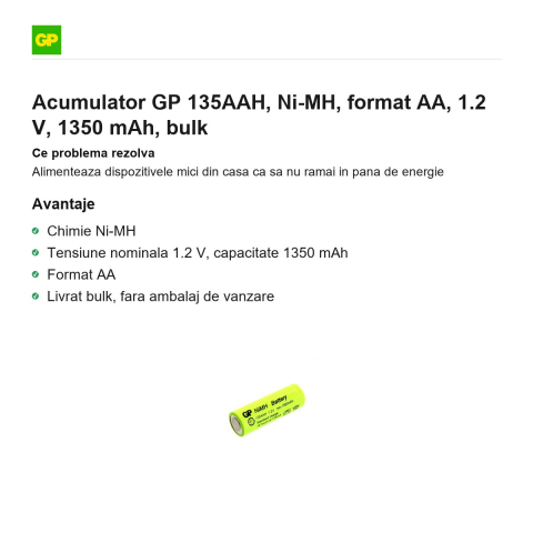 Acumulator GP 135AAH, Ni-MH, format AA, 1.2 V, 1350 mAh, bulk [1]