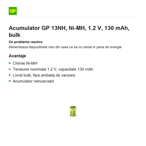 Acumulator GP 13NH, Ni-MH, 1.2 V, 130 mAh, bulk [1]