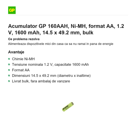 Acumulator GP 160AAH, Ni-MH, format AA, 1.2 V, 1600 mAh, 14.5 x 49.2 mm, bulk [1]