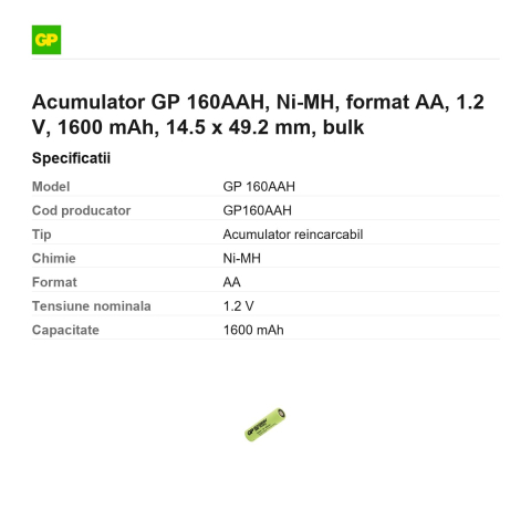 Acumulator GP 160AAH, Ni-MH, format AA, 1.2 V, 1600 mAh, 14.5 x 49.2 mm, bulk [2]
